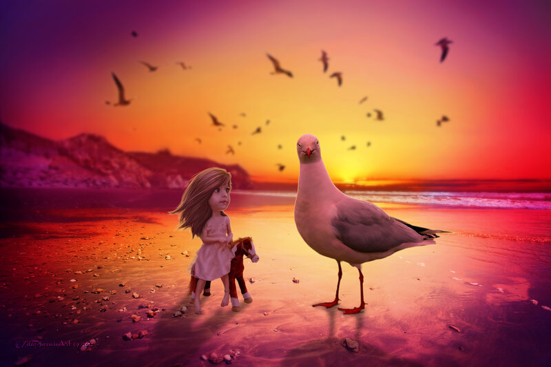 Girl and Seagull on Beach