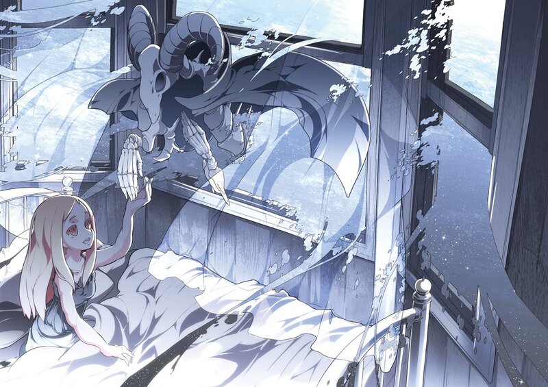 Girl and skeletal creature in a storm