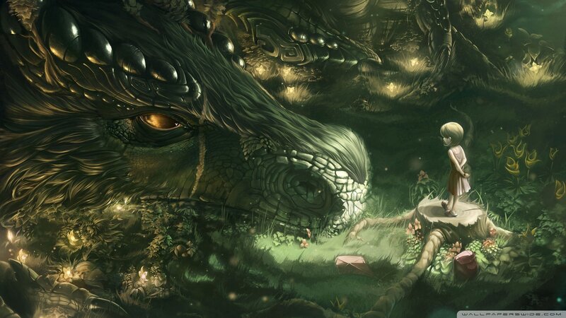 Girl and Sleeping Dragon — Green, Serene, Night, Digital Art, Forest, Fireflies