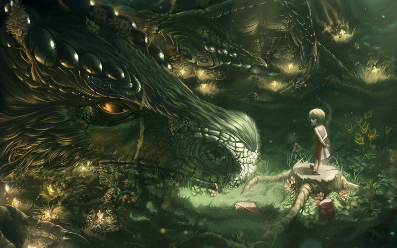 Girl and Sleeping Dragon — Green, Serene, Night, Digital Art
