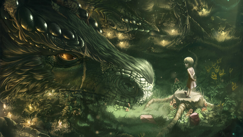 Girl and Sleeping Dragon — Green, Serene, Night