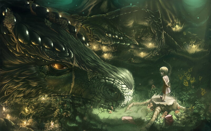 Girl and Sleeping Dragon — Green, Serene
