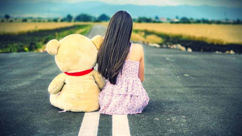 Girl and Teddy Bear — Gray, Serene