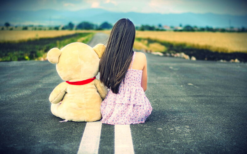 Girl and Teddy Bear — Gray
