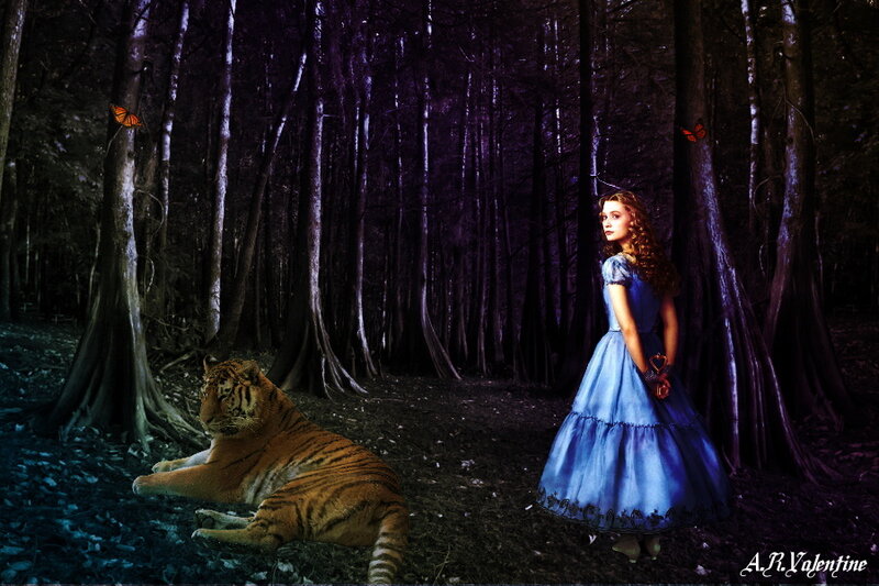 Girl and Tiger in Forest