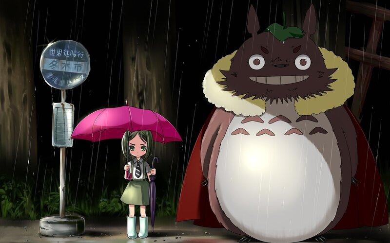 Girl and Totoro in Rain — Green, Dramatic, Night