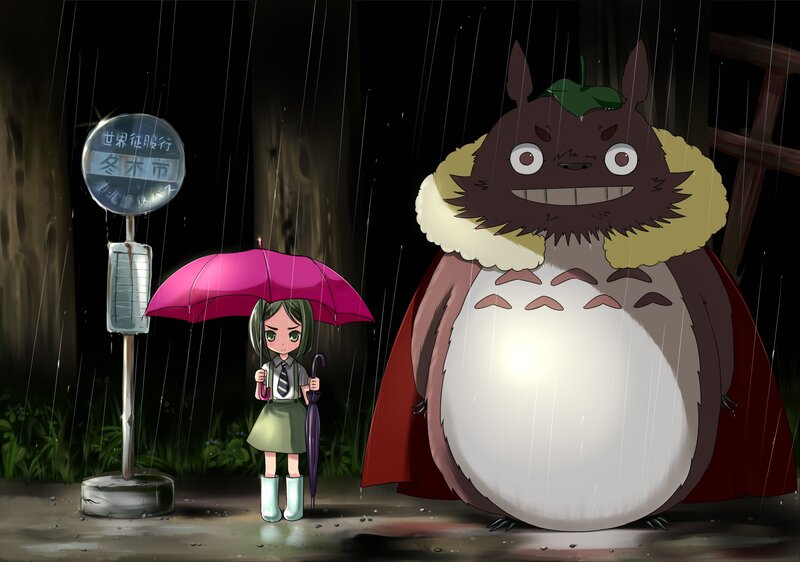 Girl and Totoro in Rain — Green, Dramatic