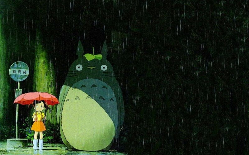 Girl and Totoro in Rain — Green