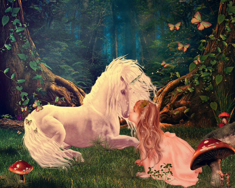 Girl and Unicorn in Forest — Green