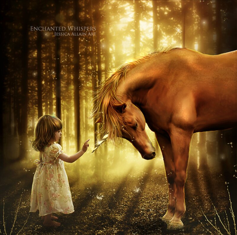 Girl and Unicorn in Forest
