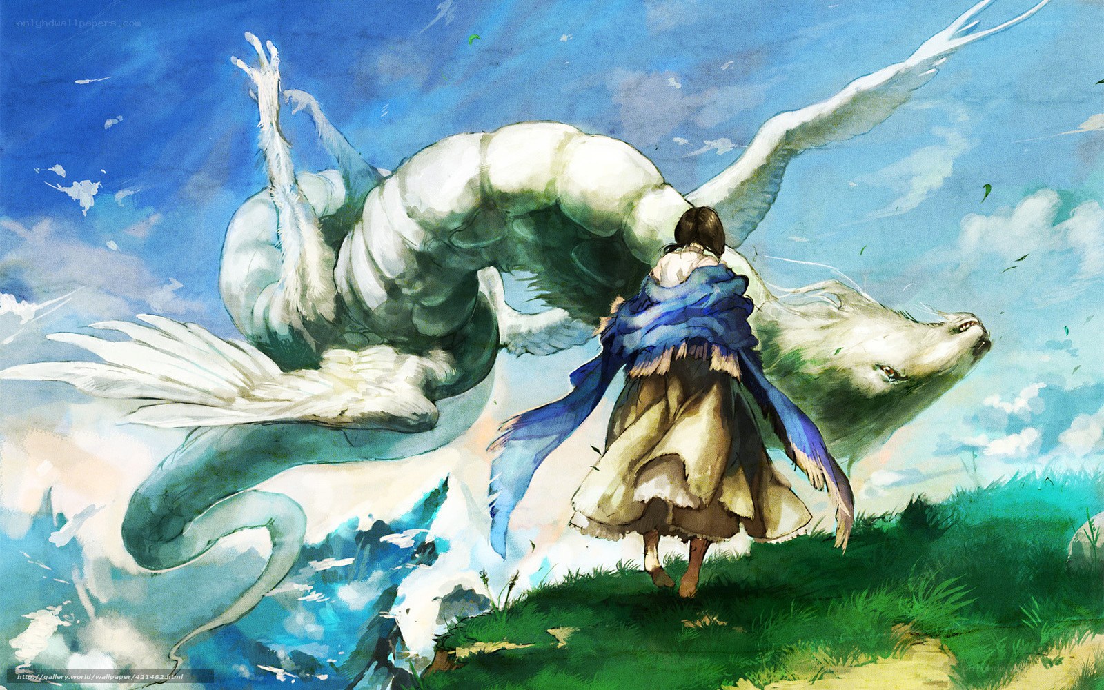 Girl and white dragon in sky