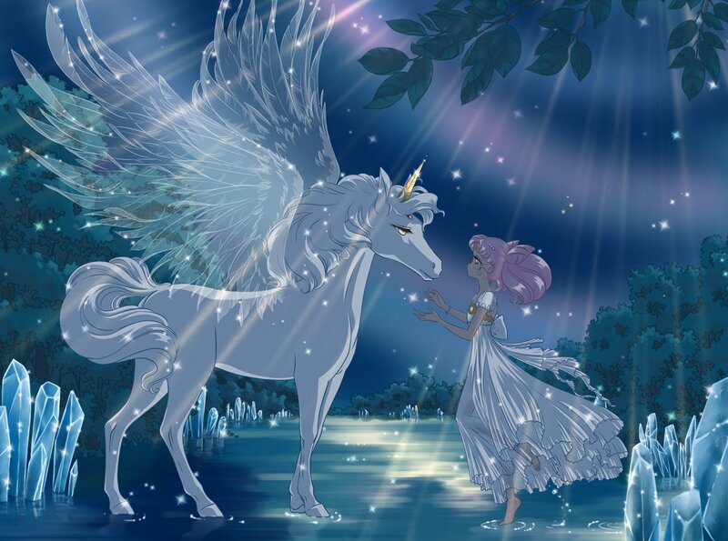 Girl and Winged Unicorn — Blue