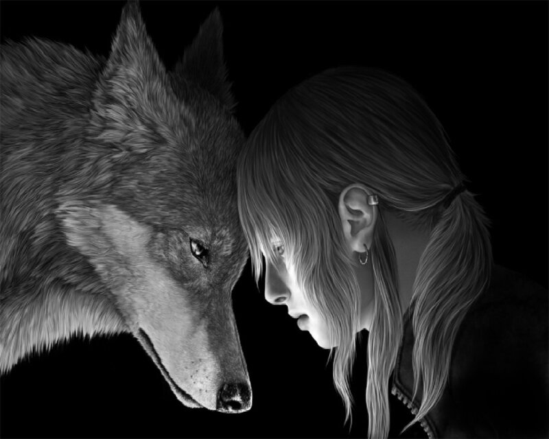 Girl and Wolf Face to Face — Black, Dramatic