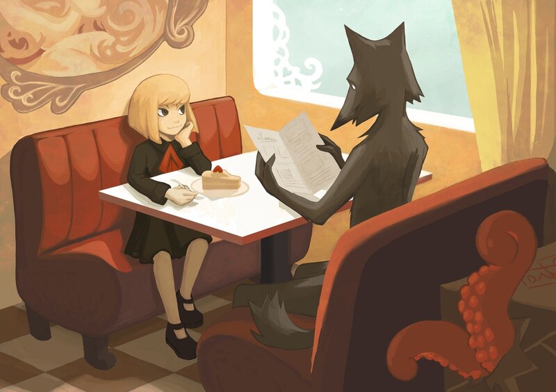 Girl and wolf in a cafe
