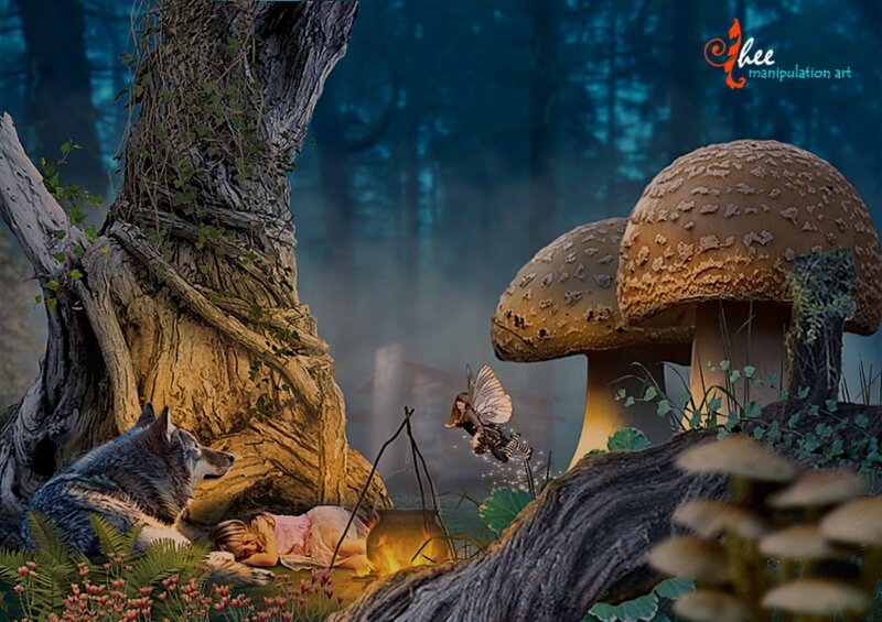 Girl and Wolf in Forest — Blue