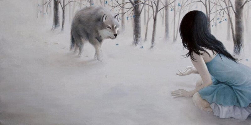 Girl and Wolf in Snow