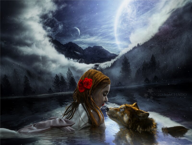 Girl and Wolf in Water