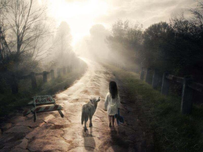 Girl and Wolf on Path