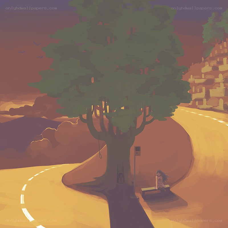 Girl at a bus stop under a tree
