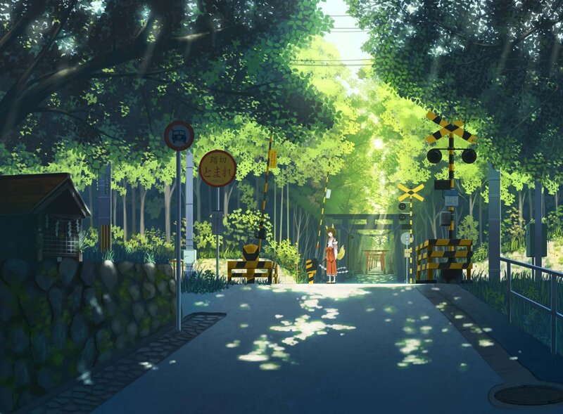 Girl at a forest railway crossing
