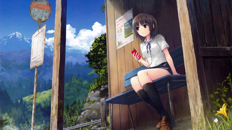 Girl at a mountain bus stop