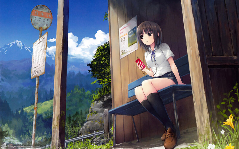 Girl at a mountain bus stop