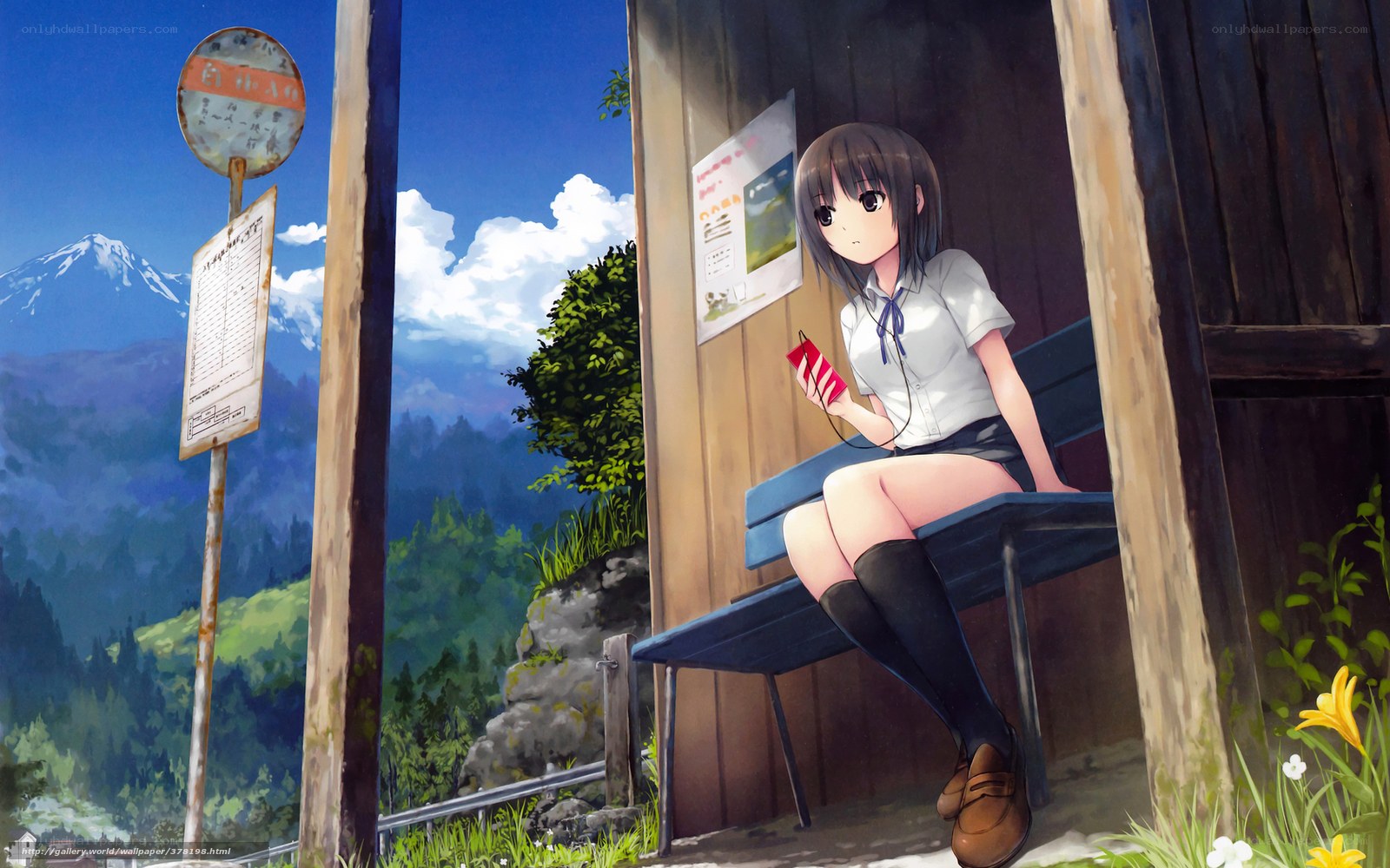 Girl at a mountain bus stop