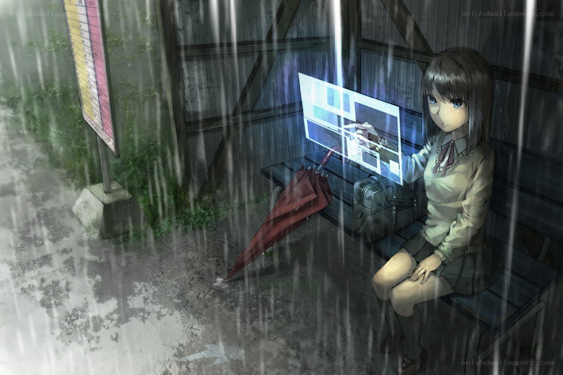 Girl at bus stop in rain
