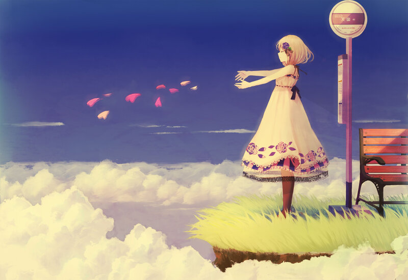 girl at cloud-top bus stop