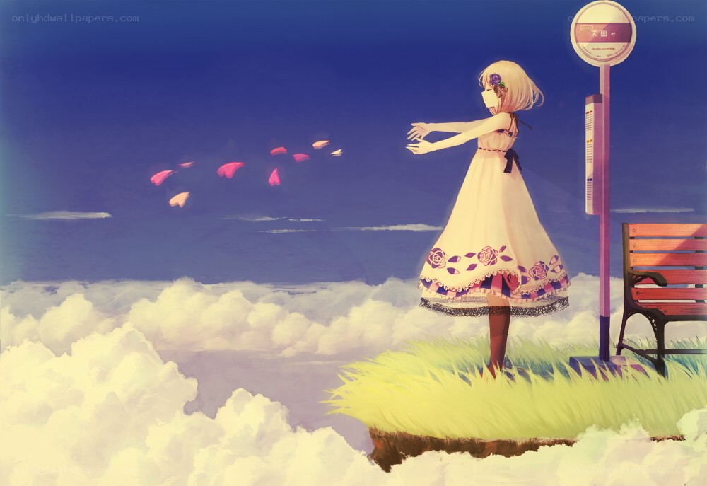 girl at cloud-top bus stop