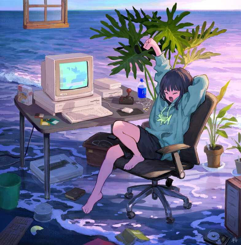 Girl at Computer Desk — Blue