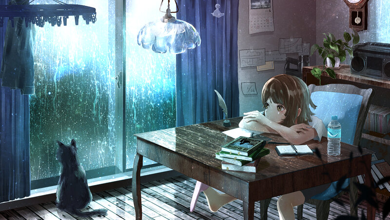 Girl at Desk in Rain