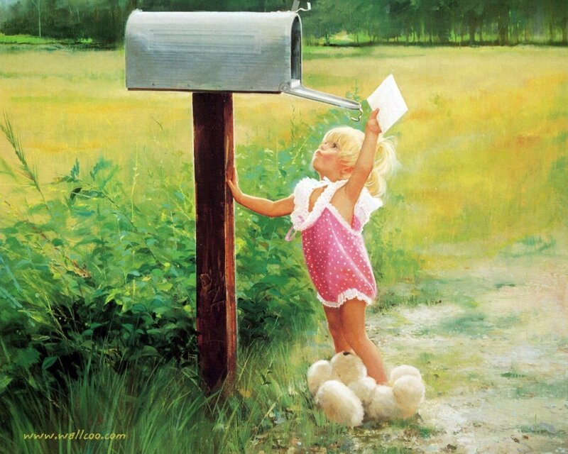 Girl at mailbox with teddy bear