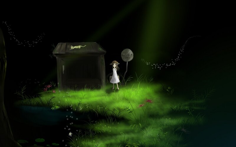 girl at night by a hut