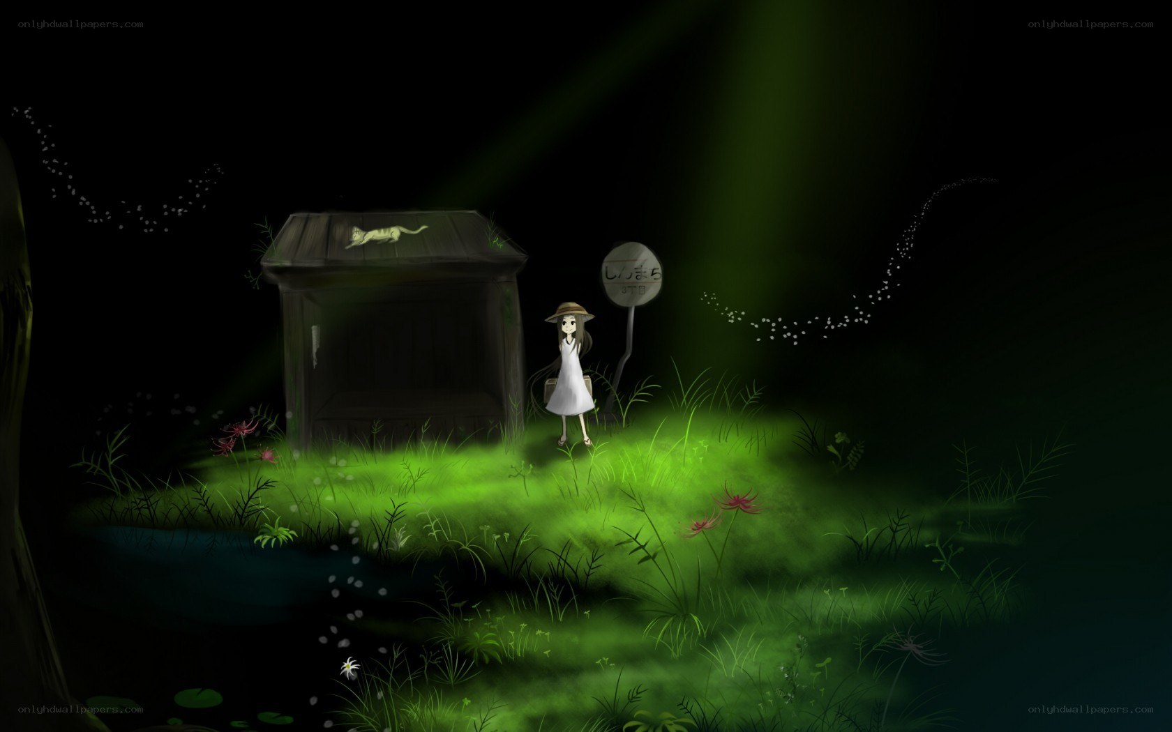 girl at night by a hut