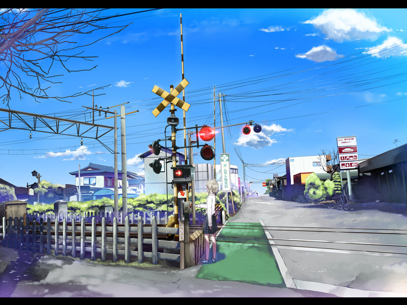 Girl at Railroad Crossing — Blue, Serene, Afternoon, Anime