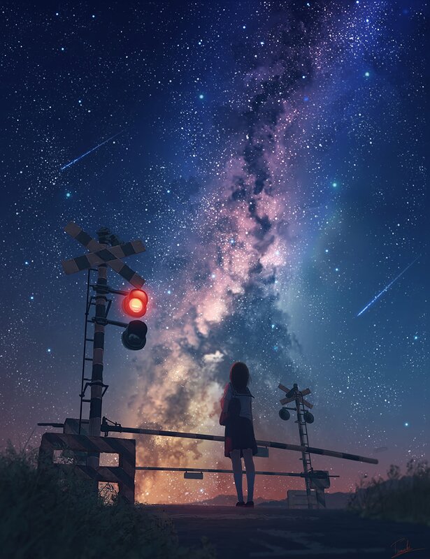Girl at Railroad Crossing — Blue, Serene