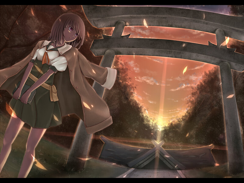 girl at shrine at sunset