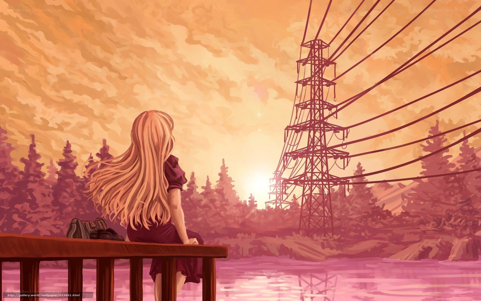 Girl at sunset by the lake