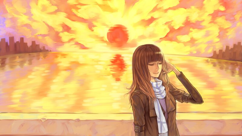 Girl at sunset by the water