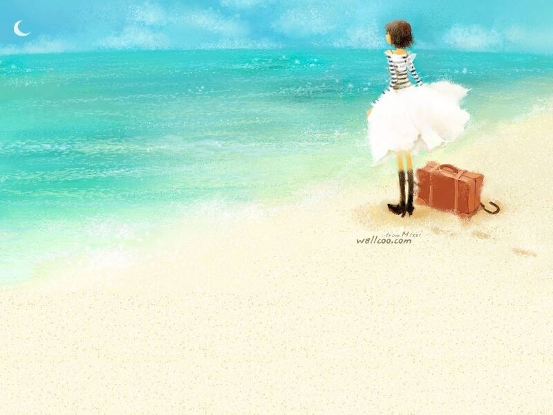 Girl at the beach with suitcase