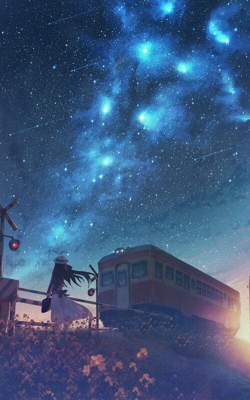 Girl at Train Crossing — Blue, Serene, Night