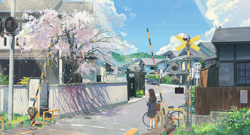 Girl at Train Crossing — Blue, Serene, Spring