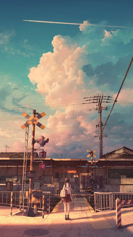 Girl at Train Crossing — Blue, Serene