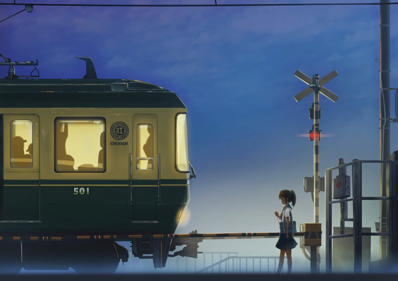 Girl at Train Crossing — Blue