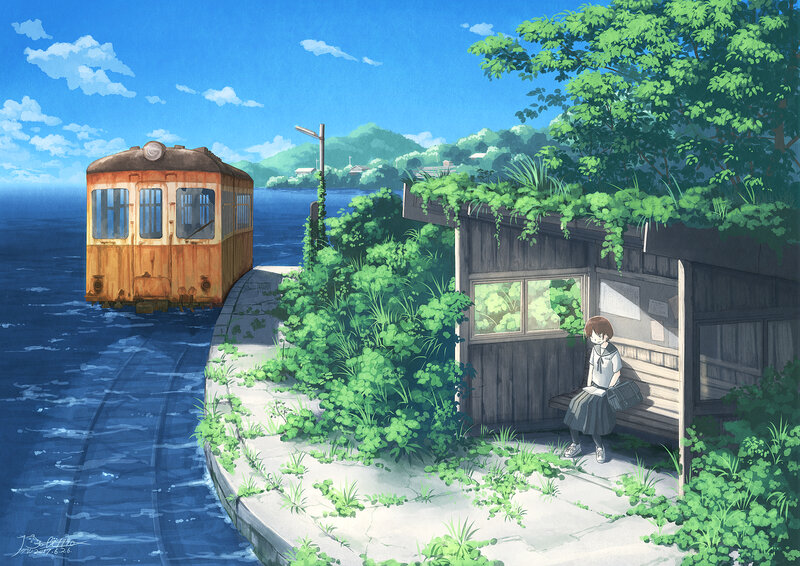 Girl at Train Station — Blue, Serene