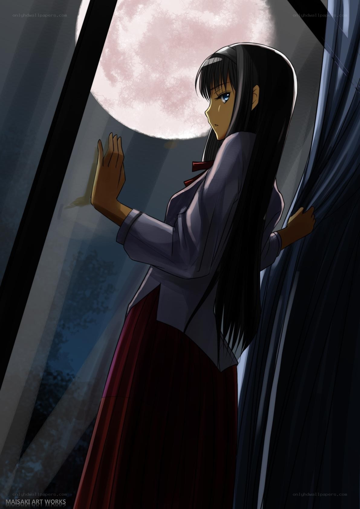 girl at window under moonlight