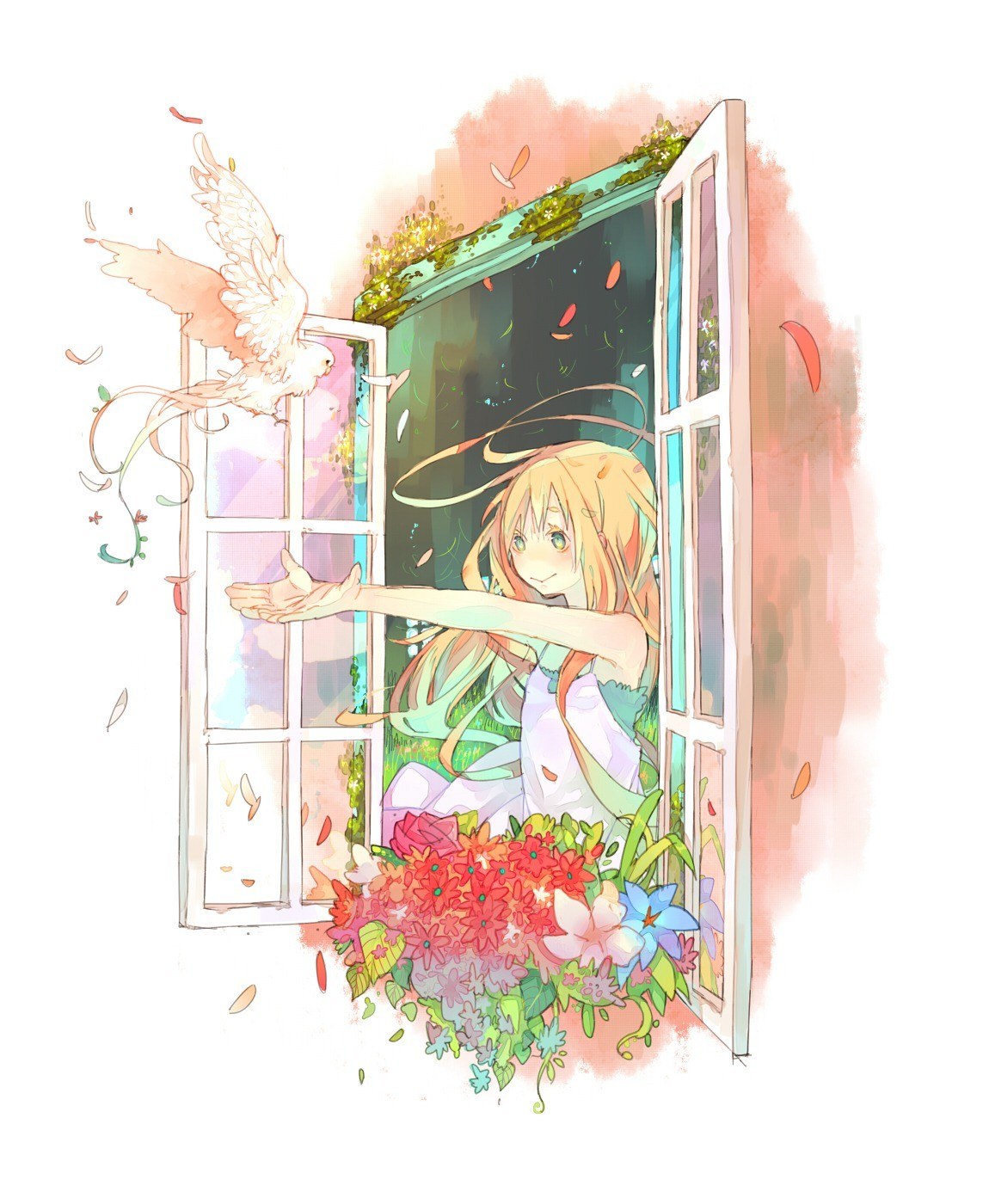 girl at window with bird