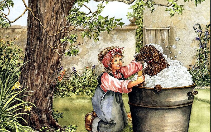 Girl Bathing Dog — Green