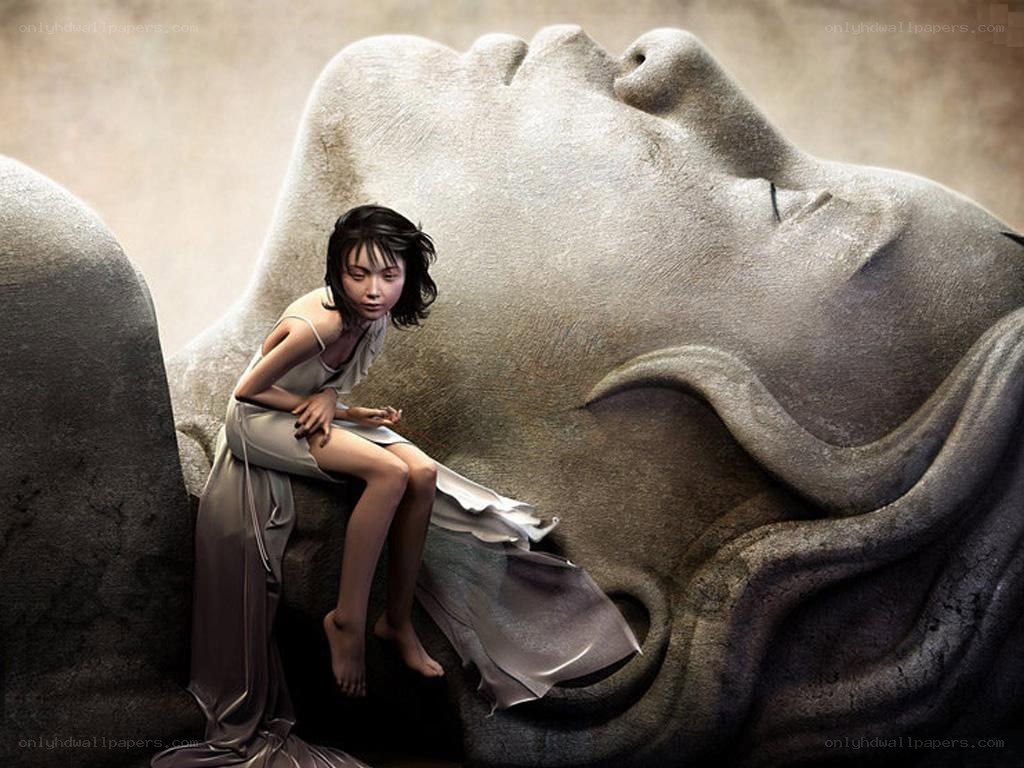 Girl beside giant stone face